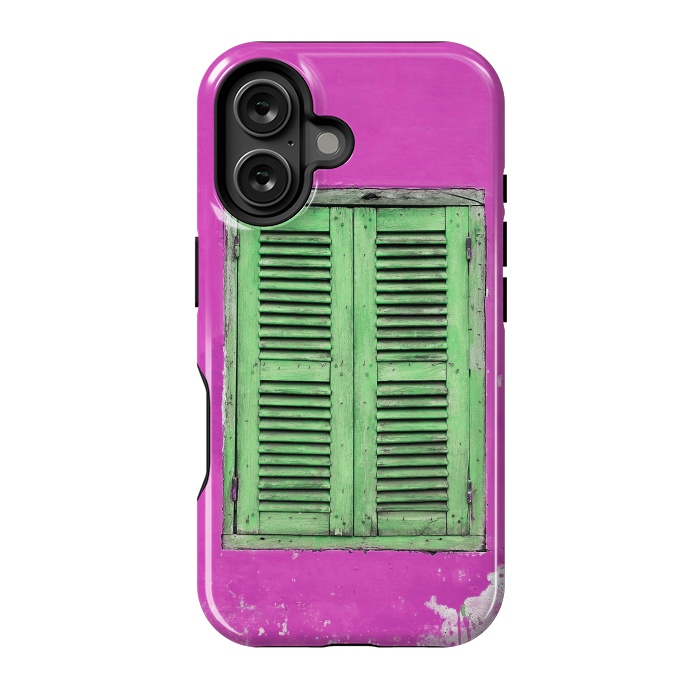 iPhone 16 StrongFit Turquoise Green Shutters In Pink Wall by Andrea Haase