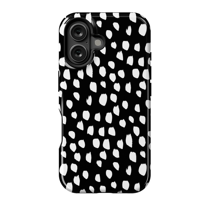 iPhone 16 StrongFit Hand drawn crazy white polka dots on black by DaDo ART