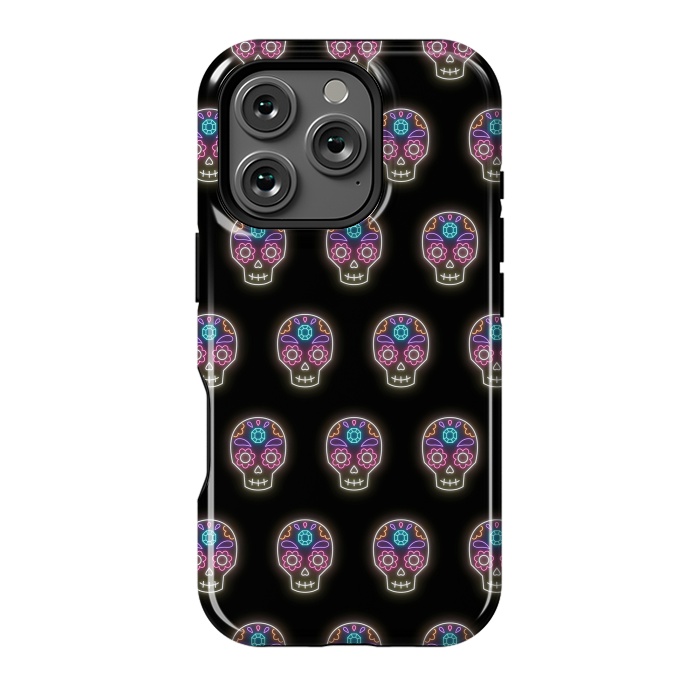 iPhone 16 Pro StrongFit Neon sugar skull pattern by Laura Nagel