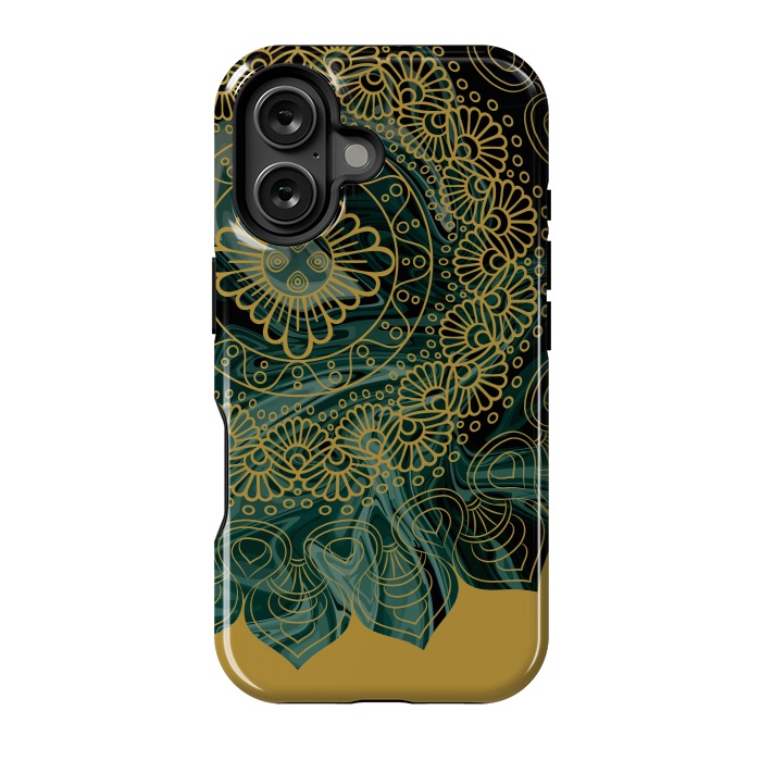 iPhone 16 StrongFit Mandala in Green Marble by Rossy Villarreal