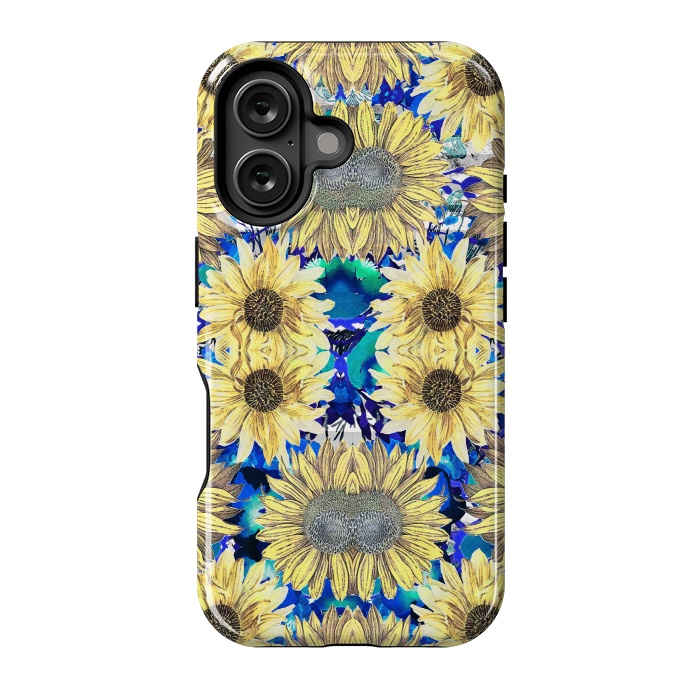 iPhone 16 StrongFit Watercolor painted sunflowers and blue foliage by Oana 