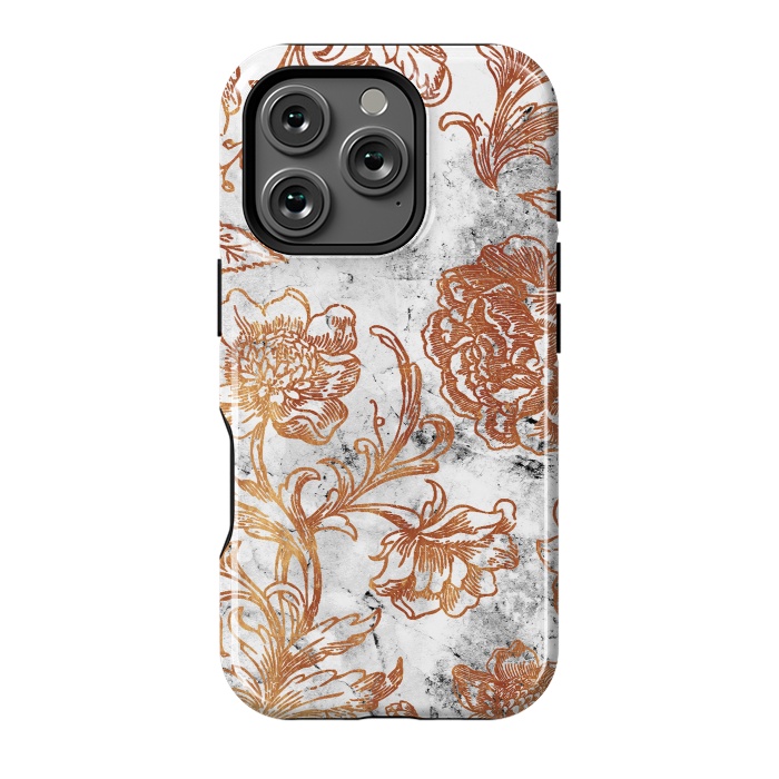 iPhone 16 Pro StrongFit Golden flowers line art on white marble by Oana 