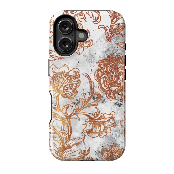 iPhone 16 StrongFit Golden flowers line art on white marble by Oana 