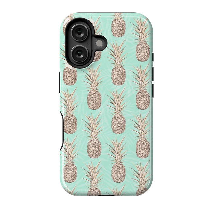 iPhone 16 StrongFit Golden and mint pineapples pattern by InovArts