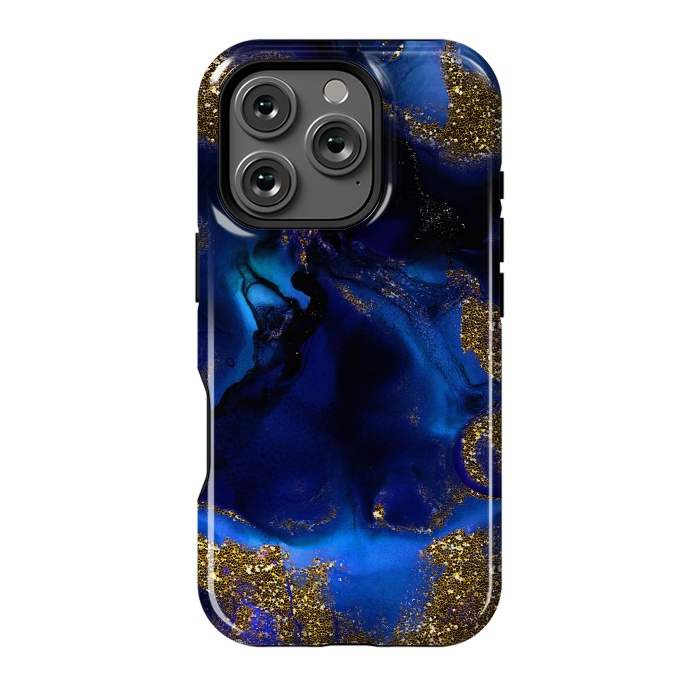 iPhone 16 Pro StrongFit Indigo Blue and Gold Glitter Marble by  Utart