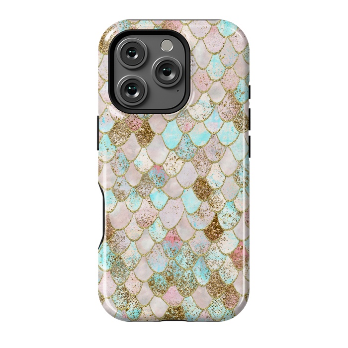 iPhone 16 Pro StrongFit Watercolor Wonky Gold Glitter Pastel Summer Mermaid Scales  by  Utart