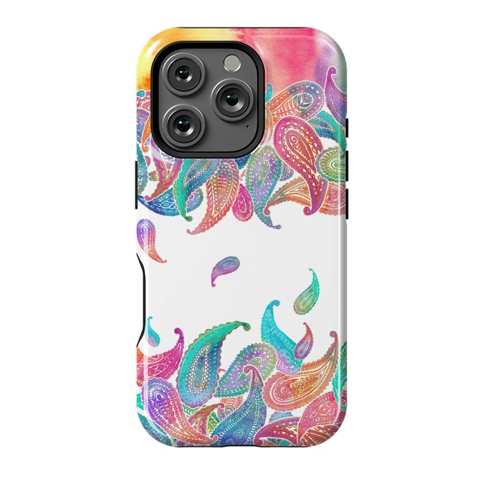 iPhone 16 Pro StrongFit Rainbow Paisley Rain on White by Micklyn Le Feuvre