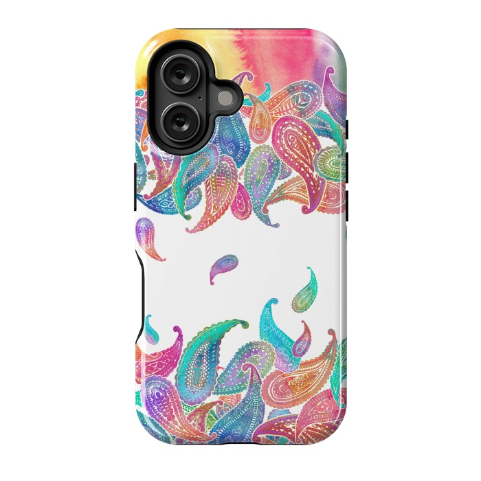 iPhone 16 StrongFit Rainbow Paisley Rain on White by Micklyn Le Feuvre