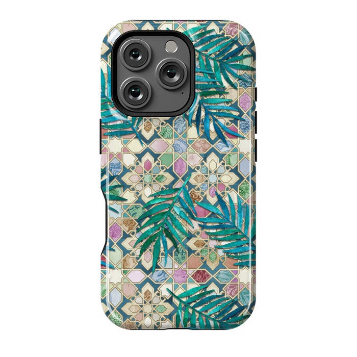 iPhone 16 Pro StrongFit Muted Moroccan Mosaic Tiles with Palm Leaves by Micklyn Le Feuvre