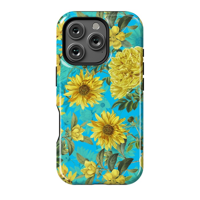 iPhone 16 Pro StrongFit Sunflowers and Yellow Roses on Teal Pattern by  Utart