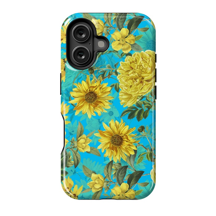 iPhone 16 StrongFit Sunflowers and Yellow Roses on Teal Pattern by  Utart