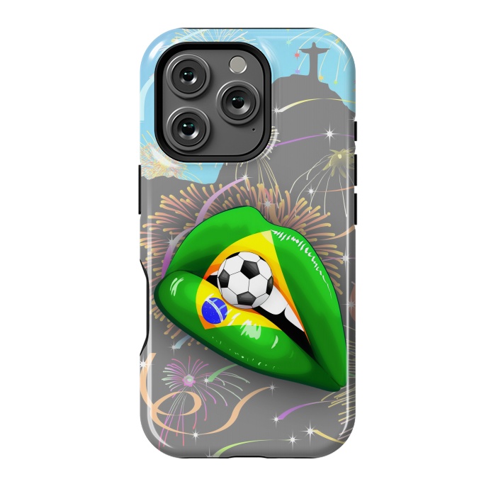 iPhone 16 Pro StrongFit  Brazil Flag Lipstick Soccer Supporters on Sensual Woman's Lips by BluedarkArt