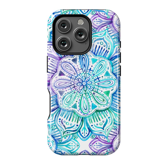 iPhone 16 Pro StrongFit Iridescent Aqua and Purple Watercolor Mandala by Micklyn Le Feuvre