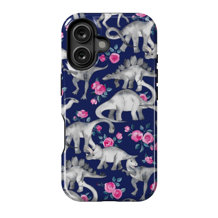 iPhone 16 StrongFit Dinosaurs and Roses on Dark Blue Purple by Micklyn Le Feuvre