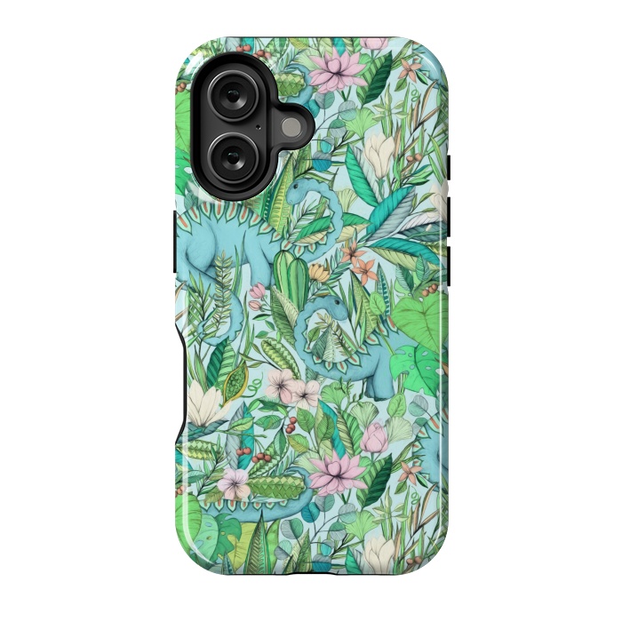 iPhone 16 StrongFit Summer Floral with Dinosaurs by Micklyn Le Feuvre