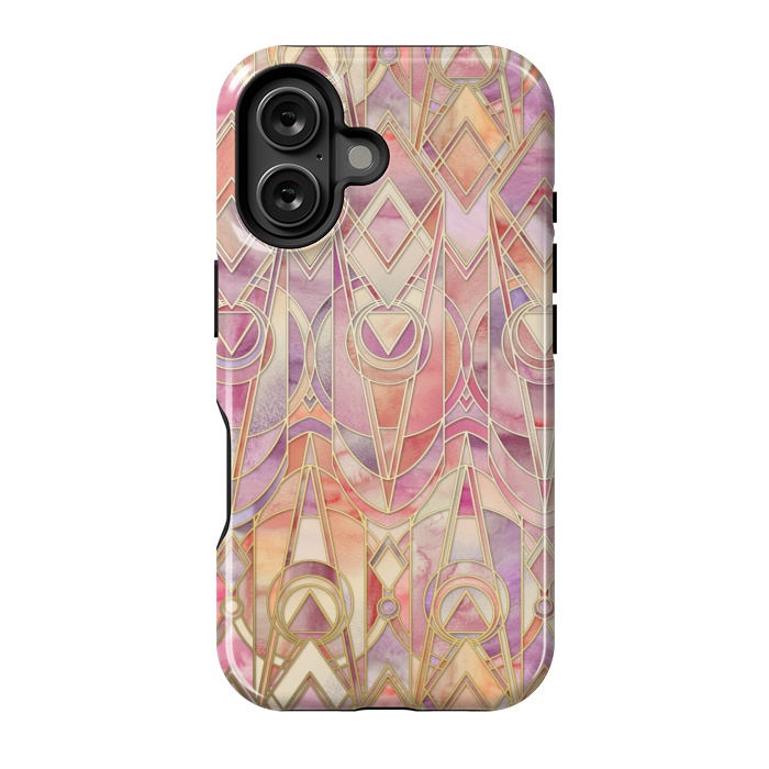 iPhone 16 StrongFit Glowing Coral and Amethyst Art Deco Pattern by Micklyn Le Feuvre