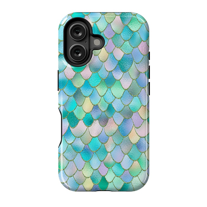 iPhone 16 StrongFit Teal and Green Wonky Metal Mermaid Scales by  Utart