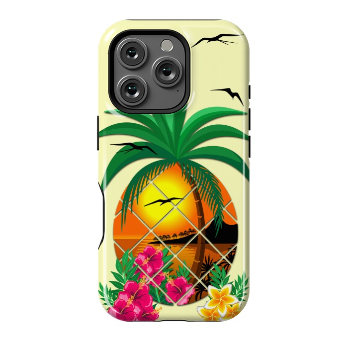 iPhone 16 Pro StrongFit Pineapple Tropical Sunset, Palm Tree and Flowers by BluedarkArt