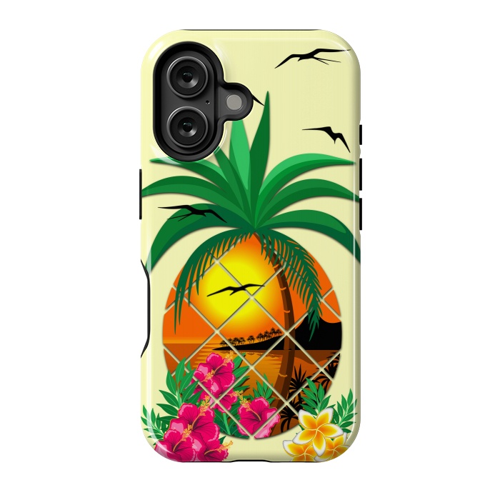 iPhone 16 StrongFit Pineapple Tropical Sunset, Palm Tree and Flowers by BluedarkArt