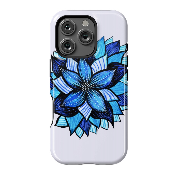 iPhone 16 Pro StrongFit Beautiful Abstract Hand Drawn Zentangle Blue Flower by Boriana Giormova