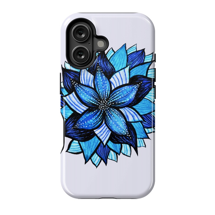 iPhone 16 StrongFit Beautiful Abstract Hand Drawn Zentangle Blue Flower by Boriana Giormova