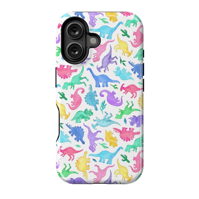 iPhone 16 StrongFit Ditsy Dinos in Bright Pastels on White by Micklyn Le Feuvre