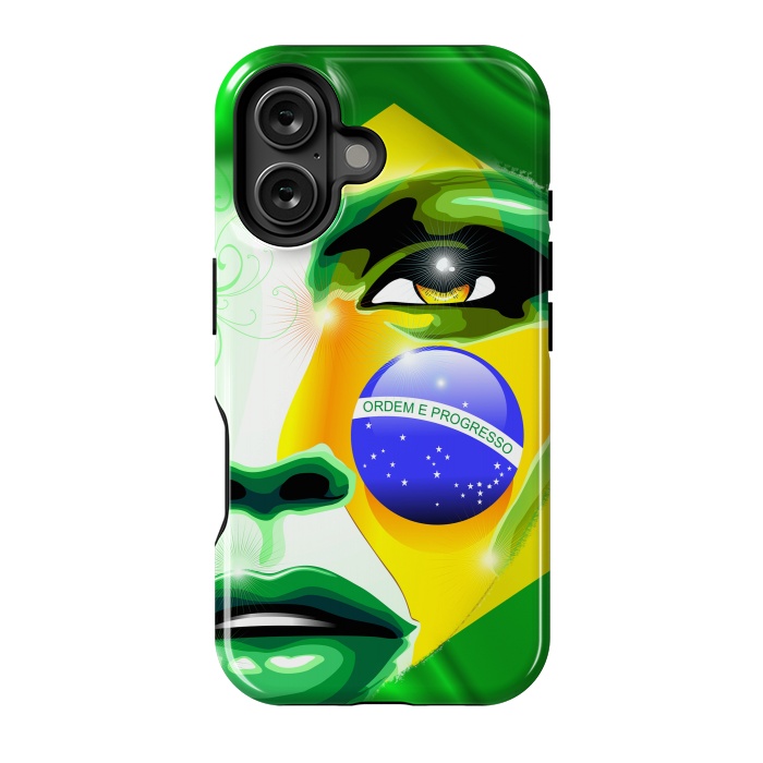 iPhone 16 StrongFit Brazil Flag Colors on Beautiful Girl Portrait by BluedarkArt