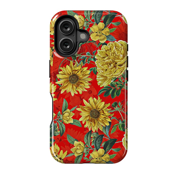 iPhone 16 StrongFit Sunflowers and Roses on Red by  Utart