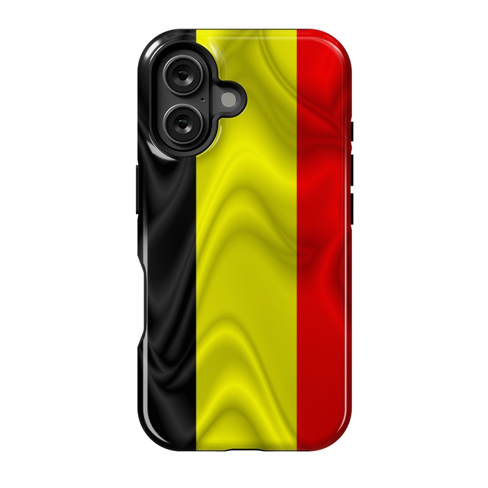 iPhone 16 StrongFit Belgium Flag Waving Silk Satin Fabric by BluedarkArt