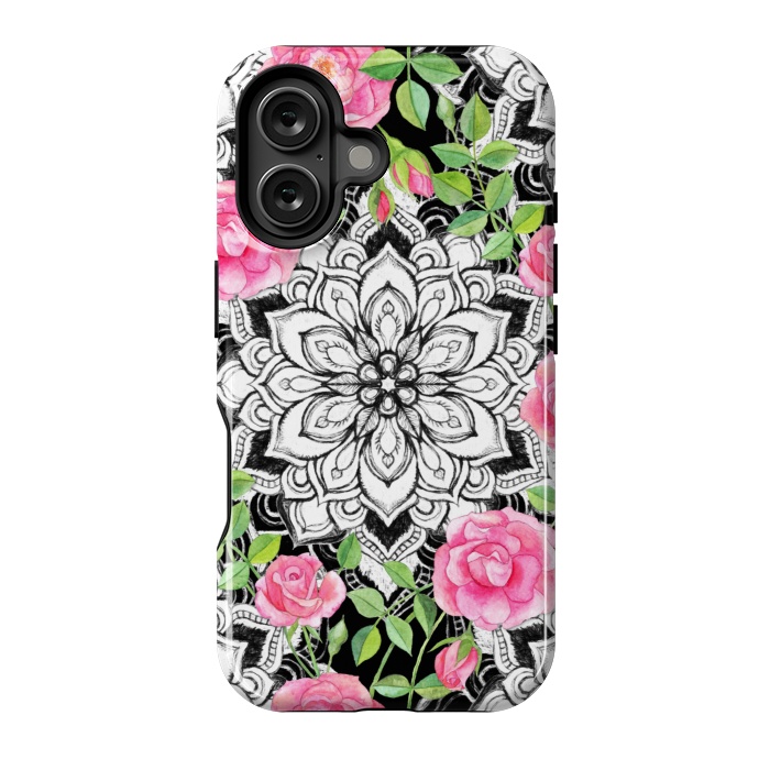 iPhone 16 StrongFit Peach Pink Roses and Mandalas on Black and White Lace by Micklyn Le Feuvre