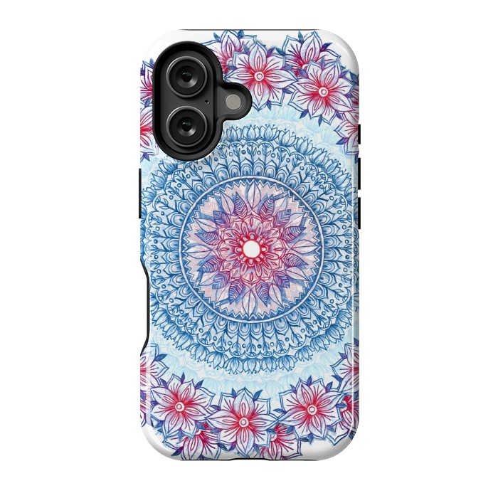 iPhone 16 StrongFit Red, White and Blue Floral Mandala by Micklyn Le Feuvre