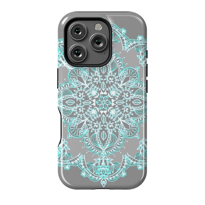 iPhone 16 Pro StrongFit Teal and Aqua Lace Mandala on Grey  by Micklyn Le Feuvre