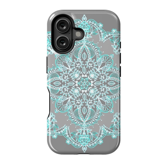 iPhone 16 StrongFit Teal and Aqua Lace Mandala on Grey  by Micklyn Le Feuvre