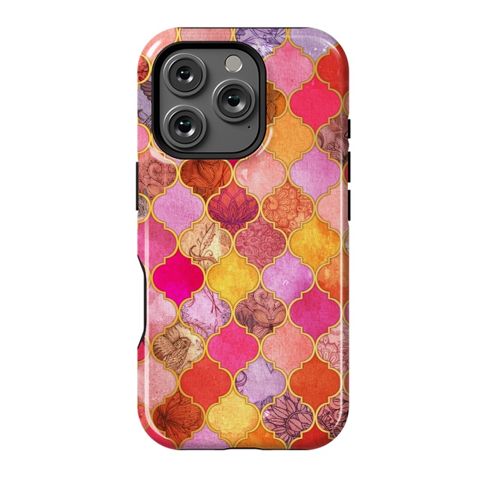 iPhone 16 Pro StrongFit Hot Pink, Gold, Tangerine & Taupe Decorative Moroccan Tile Pattern by Micklyn Le Feuvre