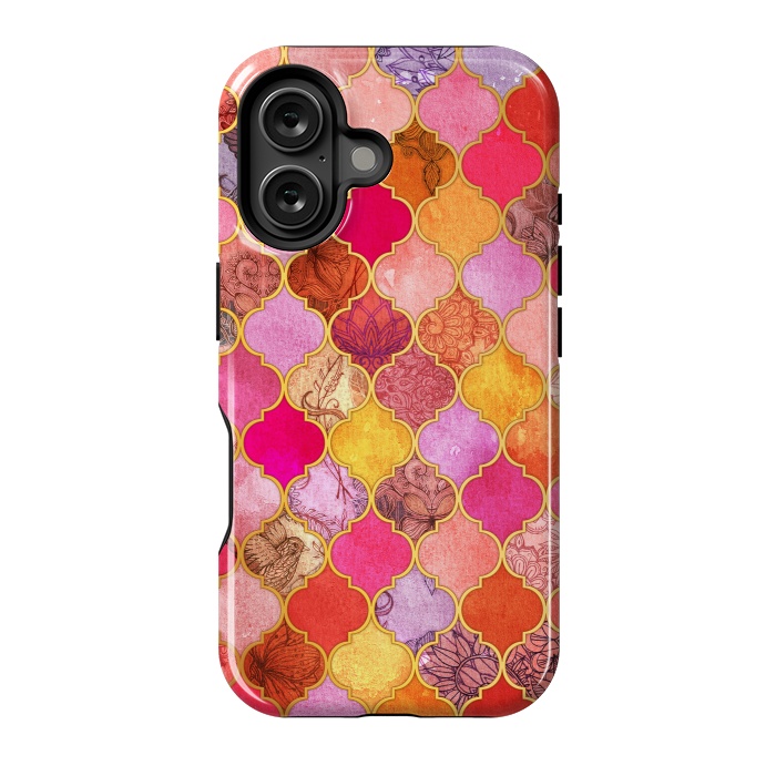 iPhone 16 StrongFit Hot Pink, Gold, Tangerine & Taupe Decorative Moroccan Tile Pattern by Micklyn Le Feuvre