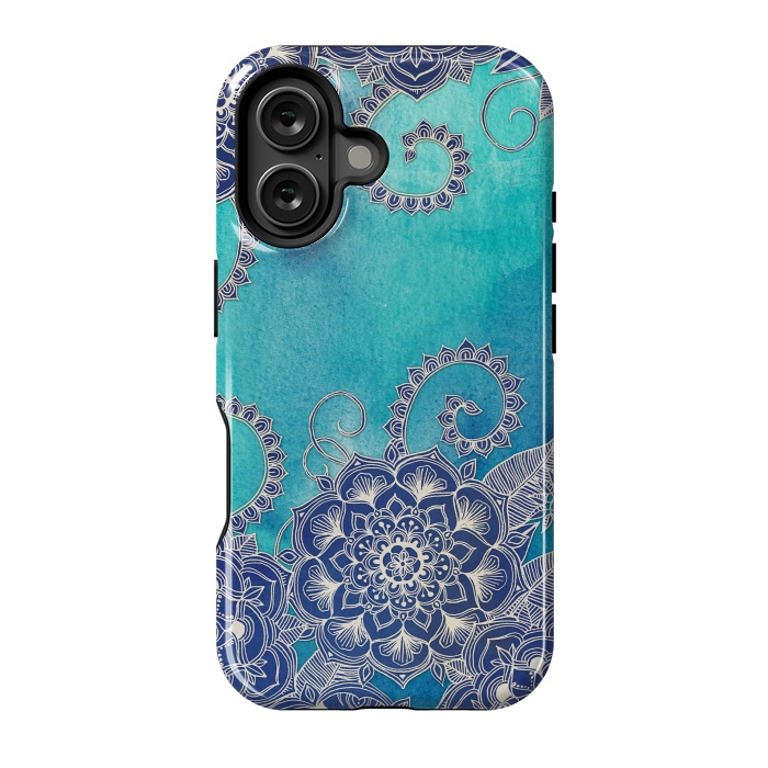 iPhone 16 StrongFit Mermaid's Garden - Navy & Teal Floral on Watercolor by Micklyn Le Feuvre