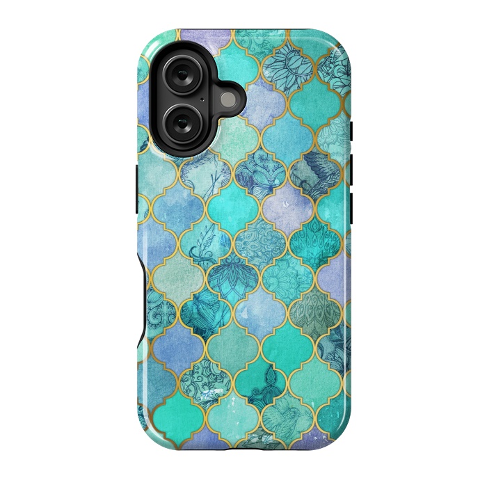 iPhone 16 StrongFit Cool Jade Icy Mint Decorative Moroccan Tile Pattern by Micklyn Le Feuvre