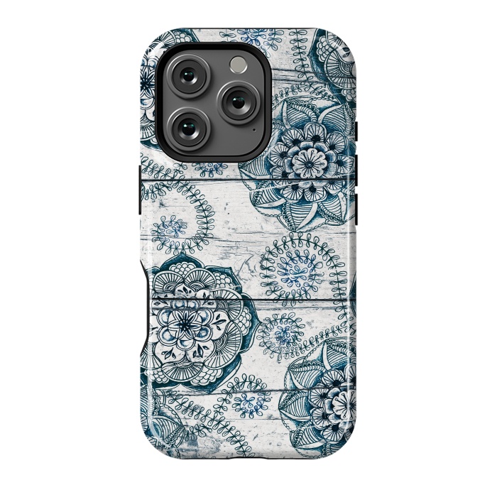 iPhone 16 Pro StrongFit Navy Blue Floral Doodles on Wood by Micklyn Le Feuvre