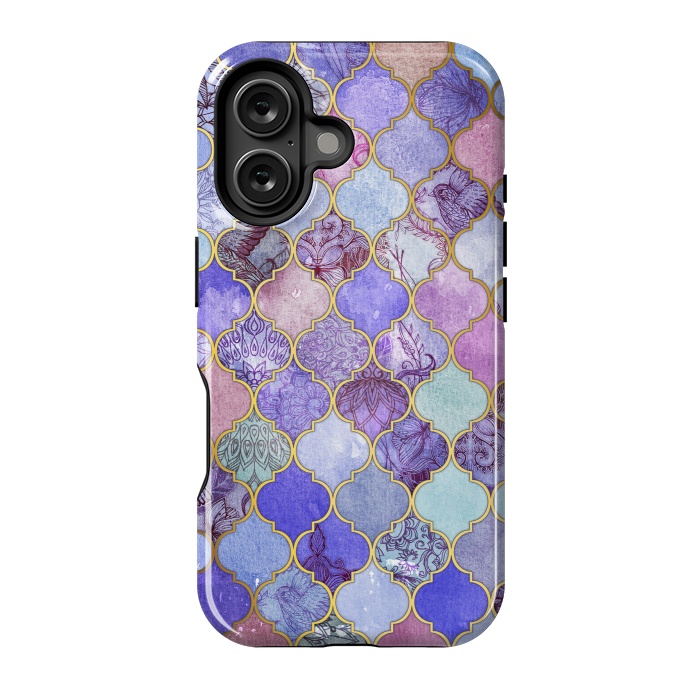 iPhone 16 StrongFit Royal Purple, Mauve & Indigo Decorative Moroccan Tile Pattern by Micklyn Le Feuvre