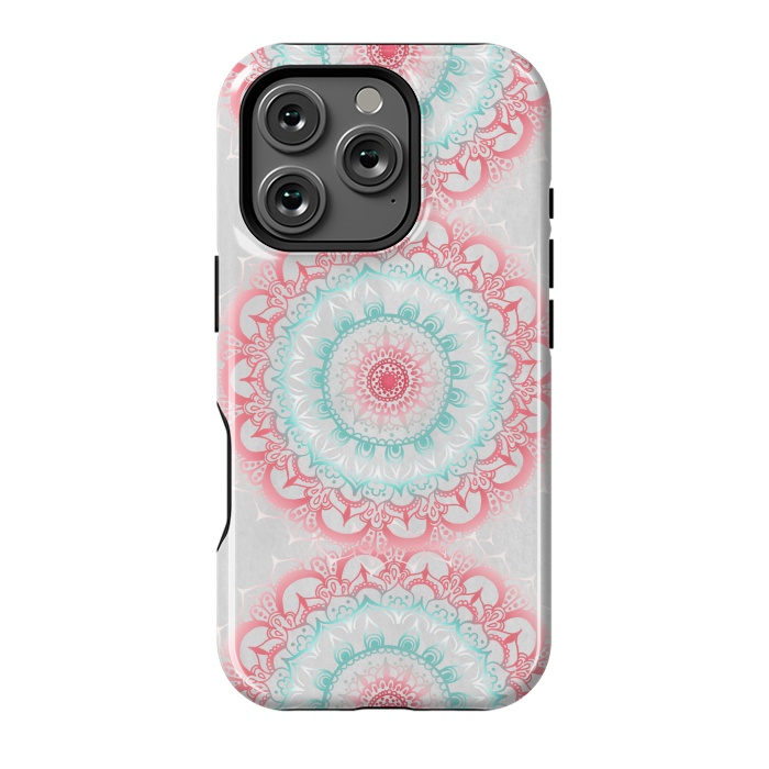 iPhone 16 Pro StrongFit Faded Coral & Mint Mandalas on Grey by Tangerine-Tane