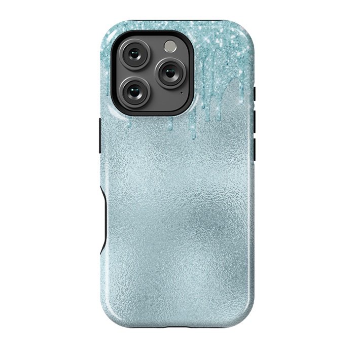 iPhone 16 Pro StrongFit Ice Blue Glitter Droplets on Metal Foil by  Utart