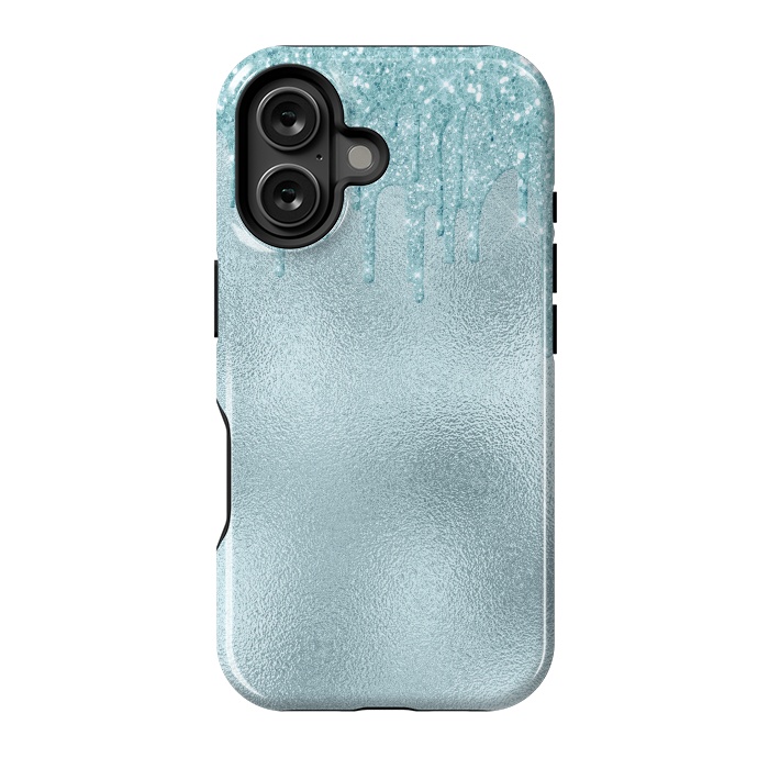 iPhone 16 StrongFit Ice Blue Glitter Droplets on Metal Foil by  Utart