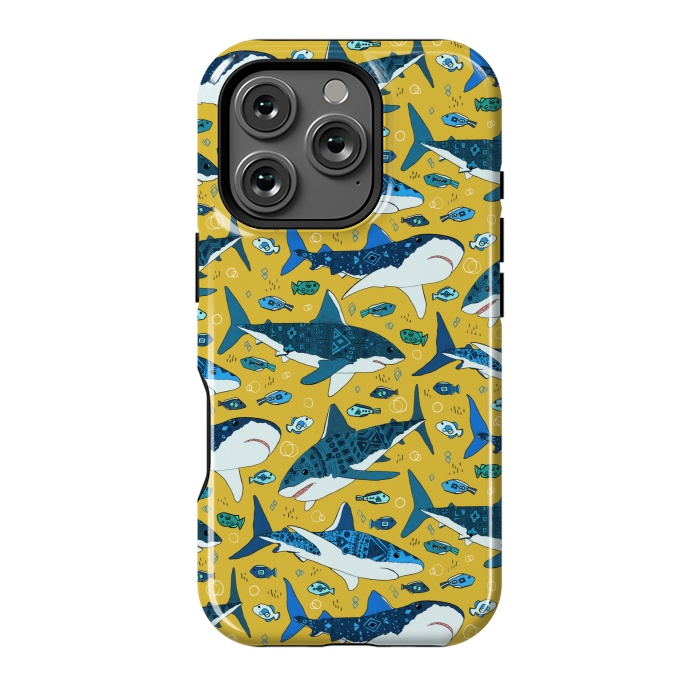 iPhone 16 Pro StrongFit Tribal Sharks & Fish On Mustard by Tigatiga