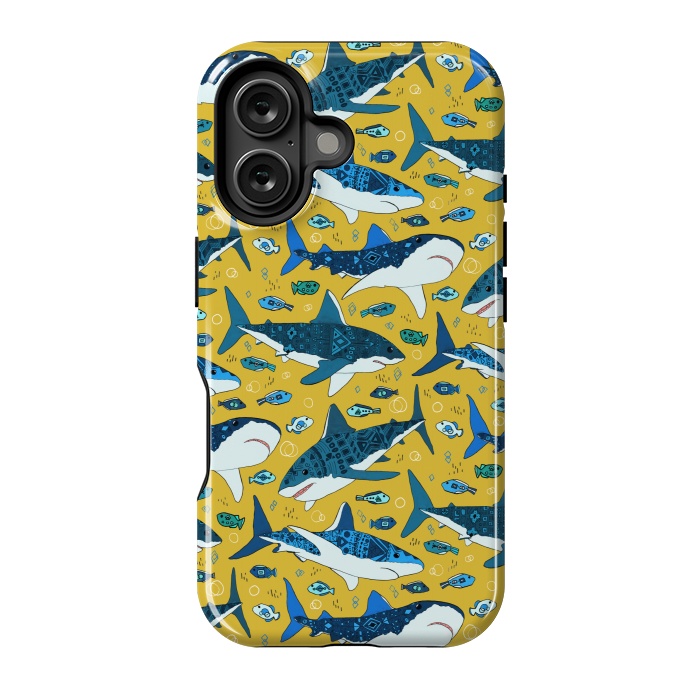 iPhone 16 StrongFit Tribal Sharks & Fish On Mustard by Tigatiga