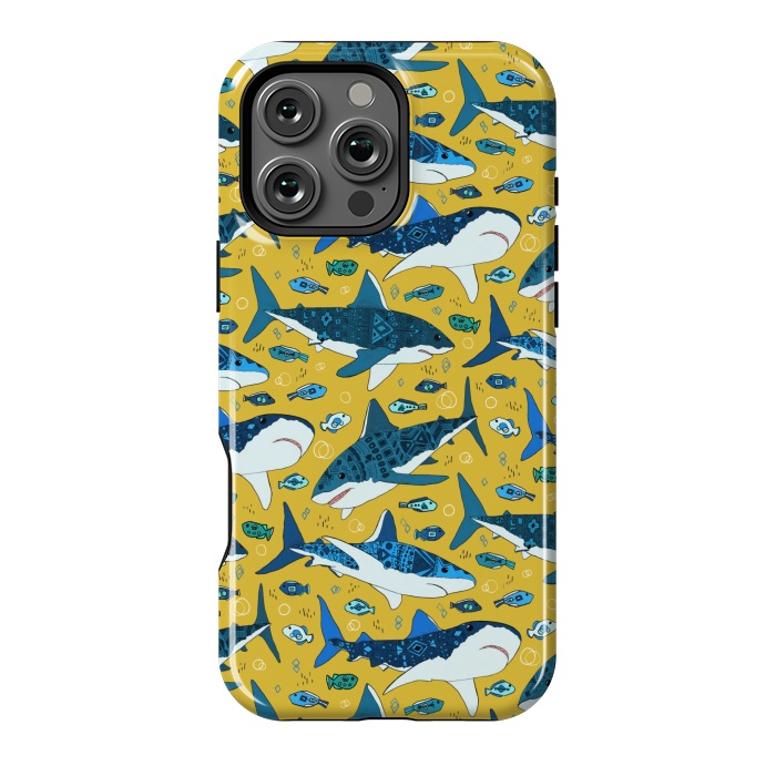 iPhone 16 Pro Max StrongFit Tribal Sharks & Fish On Mustard by Tigatiga