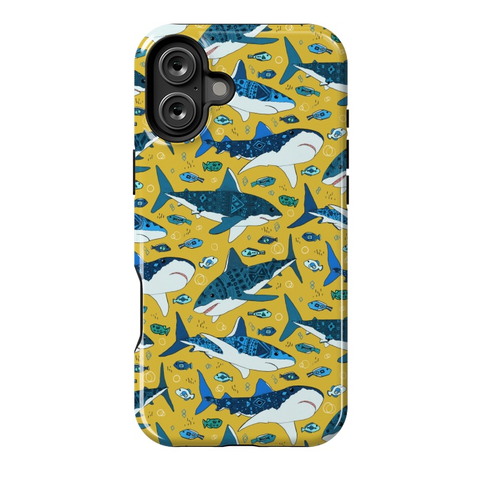 iPhone 16 Plus StrongFit Tribal Sharks & Fish On Mustard by Tigatiga