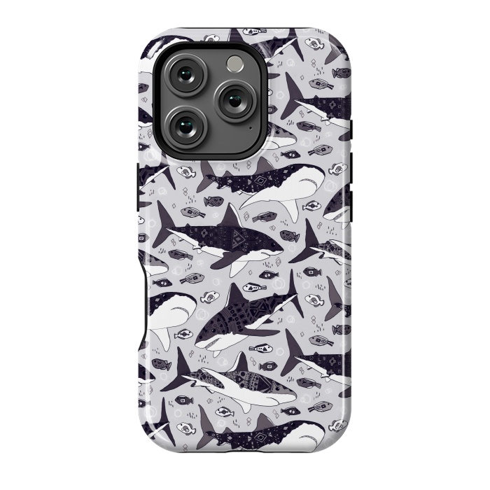 iPhone 16 Pro StrongFit Black & White Tribal Sharks & Fish  by Tigatiga