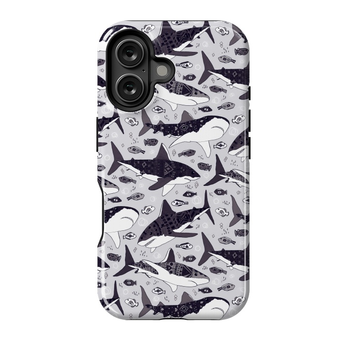 iPhone 16 StrongFit Black & White Tribal Sharks & Fish  by Tigatiga