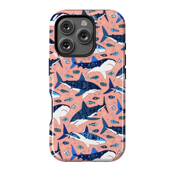 iPhone 16 Pro StrongFit Tribal Sharks & Fish On Pink by Tigatiga