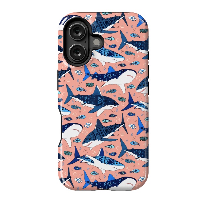 iPhone 16 StrongFit Tribal Sharks & Fish On Pink by Tigatiga